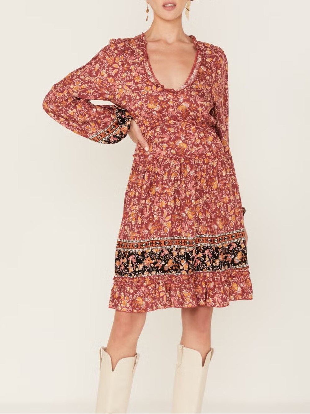 Wild Moss Floral Long Sleeve Ruffled Dress